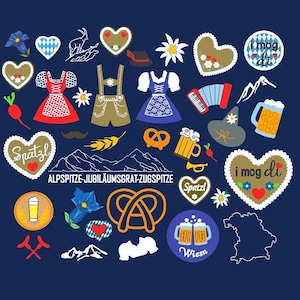 Könnte beinhalten: Eine Illustration mit bayerischen Motiven auf marineblauem Hintergrund. Das Bild zeigt traditionelle Kleidung, Brezeln, Bierkrüge, Herzen, Berge und den Text "Alpspitze-Jubiläumgrat-Zugspitze".