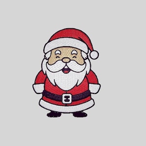 May include: An embroidered patch featuring a cartoon Santa Claus with a red hat, white beard, and red suit with a black belt and white trim. The design has a tan face, closed eyes, and a small open mouth, outlined in black thread on a light background.