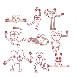 Borduurbestand Grappige Harten, borduurpatroon Retro Hartfiguur, Groovy Borduurontwerp Comic, Redwork bestand voor borduurmachine borduurring 10x10 13x18