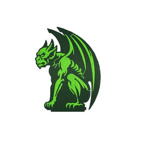 May include: An embroidered patch featuring a dark green gargoyle silhouette with bright lime green highlights. The creature is depicted in a seated, hunched position with large, folded wings extending upwards and backwards, showcasing detailed stitching.
