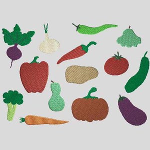 May include: Embroidered design of various vegetables, including a red pepper, green pepper, aubergine, tomato, onion, carrot, pumpkin, potato, beetroot, and courgette.