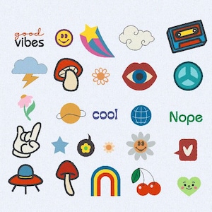 Groovy Retro Mega Set archivo de bordado para la máquina de bordar Diseño de bordado 26 motivos de bordado diferentes cerezas geniales OVNI sonriente arcoíris