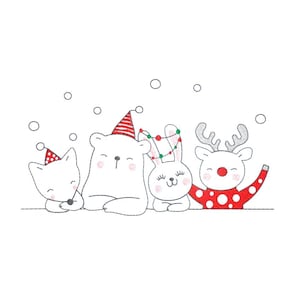 Puede incluir: Ilustración caprichosa de cuatro animales de dibujos animados: un gato, un oso, un conejo y un reno. Los animales son blancos con accesorios festivos, incluyendo gorros de fiesta y una guirnalda de luces. Los copos de nieve caen en el fondo, creando una escena navideña alegre.