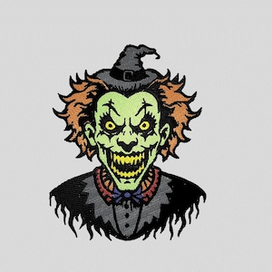 Puede incluir: Una bruja de estilo de dibujos animados con la cara verde, el pelo naranja, que lleva un sombrero de bruja negro y una pajarita negra y blanca. La bruja tiene una amplia sonrisa de dientes y ojos amarillos.