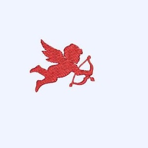 May include: A red embroidered Cupid with a bow and arrow, shown in flight. The design features detailed stitching, set against a plain white background. Suitable for Valentine's Day or romantic themes.