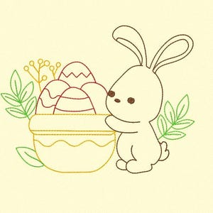 May include: A cute cartoon bunny rabbit with brown ears and a brown body is standing next to a basket of colorful Easter eggs. The basket is yellow and has a brown handle. The bunny is looking at the basket of eggs.