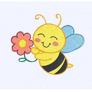 May include: An embroidered patch featuring a smiling yellow bee with black stripes, light blue wings, and pink cheeks. The bee is holding a pink flower with a yellow center and a green stem against a plain white background.