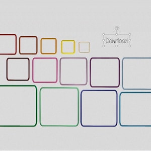 Può includere: Un set di dieci cornici quadrate colorate con angoli arrotondati. Le cornici sono disposte in ordine decrescente di dimensione da sinistra a destra. Le cornici sono nei seguenti colori: rosso, marrone, arancione, giallo, giallo chiaro, azzurro, viola, blu, verde e verde scuro.