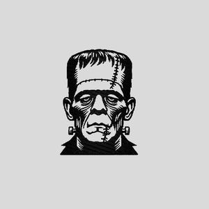 May include: Black and white illustration of Frankenstein's monster with stitches across his forehead.