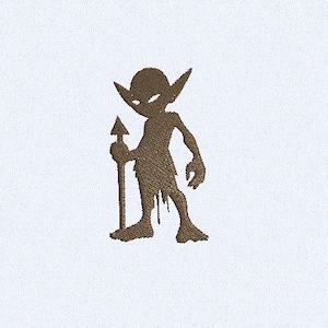 May include: A brown silhouette of a goblin holding a spear. The goblin has large ears and a pointed hat.
