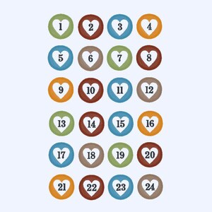 May include: A set of 24 heart-shaped stickers with numbers 1 through 24. The stickers are in various colors, including red, orange, yellow, green, blue, and brown.