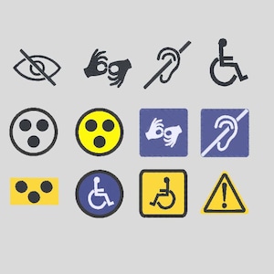 May include: A set of 10 accessibility symbols, including icons for visual impairment, hearing impairment, wheelchair accessibility, and sign language. The symbols are in black, white, yellow, and blue.
