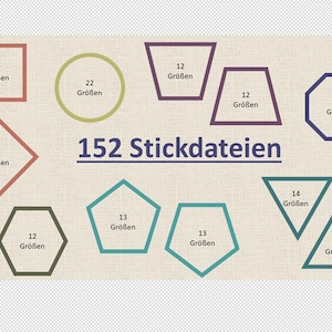 May include: A collection of 152 embroidery patterns in various shapes and sizes. The patterns are labelled with the number of stitches required for each design. The patterns include circles, squares, diamonds, triangles, pentagons, hexagons, and octagons.