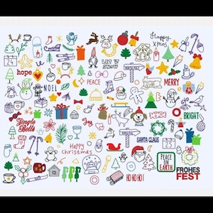 May include: A collection of colorful Christmas-themed doodles on a white background. The image includes various festive elements such as ornaments, snowmen, Santa Claus, and holiday greetings like "Merry" and "Happy Xmas".