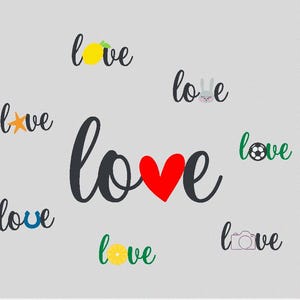 May include: A graphic design with the word "love" written in black cursive with a red heart in the middle of the word. The word "love" is repeated around the main word in different colors with various icons.
