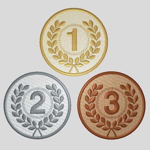 Könnte beinhalten: Drei Gold-, Silber- und Bronzemedaillen mit Lorbeerkränzen und den Zahlen 1, 2 und 3.