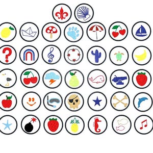 Conjunto de 37 mini botones archivo de bordado apliques para la máquina de bordar cereza limón estrella de mar tortuga bomba sombrilla pez ballena gaviota