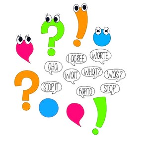 Könnte beinhalten: Eine verspielte Illustration mit Fragezeichen, Ausrufezeichen und Sprechblasen. Die Formen sind in leuchtenden Farben wie Orange, Grün, Pink und Blau gehalten, mit Sätzen wie "Was?" und "Stop it". Kulleraugen sorgen für Spaß.