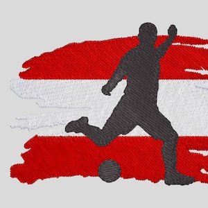 May include: A silhouette of a soccer player kicking a ball in front of a red, white, and red Austrian flag with a distressed, paint-splattered effect.