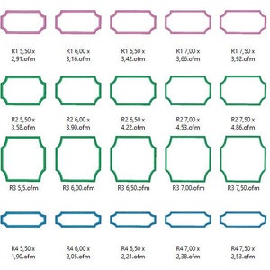 May include: A chart showing different sizes of frames with measurements in inches and centimeters. The frames are in three colors: purple, green, and blue.
