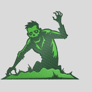 May include: Green silhouette of a zombie crawling out of the ground with its arms outstretched.