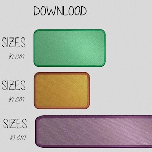 Könnte beinhalten: Eine digitale Download-Grafik mit dem Wort „DOWNLOAD“ oben. Darunter befinden sich drei rechteckige Formen in Grün, Gold und Lila, jede mit einer unterschiedlichen Anzahl von Größen in cm.