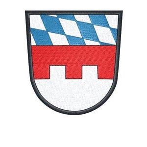 May include: Embroidered patch featuring a shield design. The top section has a blue and white checkered pattern. Below is a red band with a white crenelated design, and the bottom is white. The patch is outlined in black.