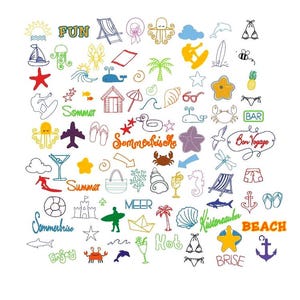 Può includere: Una collezione di scarabocchi colorati a tema estivo, disegnati a mano, su sfondo bianco. Include immagini di una barca a vela, una sedia a sdraio, una stella marina, una tavola da surf e testo come "FUN", "Summer" e "BEACH".