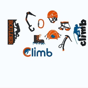 Könnte beinhalten: Illustration von Kletterausrüstung, einschließlich Helm, Gurtzeug, Eispickel, Karabiner und Zelt. Das Wort "Boulder" ist vertikal in Orange geschrieben, und das Wort "Climb" ist in Blau geschrieben.