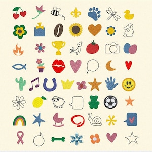 以下が含まれることがあります： 蜂、ひまわり、ハート、カメラ、魚、サボテン、レモン、虹、星、カタツムリ、雪片、花など、カラフルな刺繍されたアイコン48個のセット。アイコンは白い背景にグリッドパターンで配置されています。