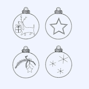 May include: Four black and white hand-drawn Christmas baubles with different designs. The baubles feature a dog carrying a gift, a star, a pine branch, and snowflakes.
