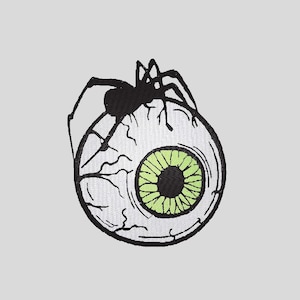 May include: A black spider crawling on a white eyeball with a green iris.