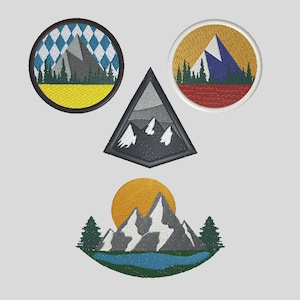 Könnte beinhalten: Vier gestickte Aufnäher mit verschiedenen Bergszenen. Die Aufnäher sind rund, dreieckig und halbmondförmig. Die Aufnäher zeigen eine Vielzahl von Farben, darunter Blau, Gelb, Rot, Grün und Grau.