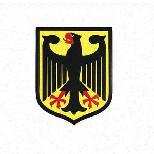 May include: A shield-shaped embroidered patch featuring a black eagle with red talons and a red beak centered on a bright yellow background. The entire design is outlined with a thick black border, creating a clear and defined graphic emblem.
