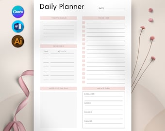 May include: A printable daily planner with sections for today's goals, to do list, schedule, notes of the day, and meals plan. The planner has a simple design with black text and lines on a white background.