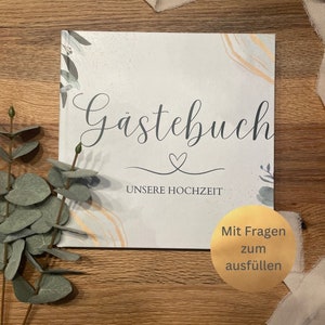 Gästebuch Hochzeit mit Fragen zum ausfüllen, Hochzeitsgästebuch als Hardcover, 21 x 21cm, greenery, vintage, Eukalyptus
