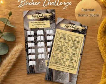 May include: Two rectangular reading challenge cards measuring 8cm x 16cm. One card features a grid of book icons, the other a bookshelf illustration. Both cards include the text Lese Challenge and Markiere die Anzahl an gelesenen Büchern.