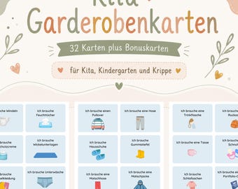 May include: A set of 32 educational cards plus bonus cards titled Kita Garderobenkarten, designed for daycare and preschool settings. The cards feature light blue backgrounds with German text and illustrations of clothing and personal items.