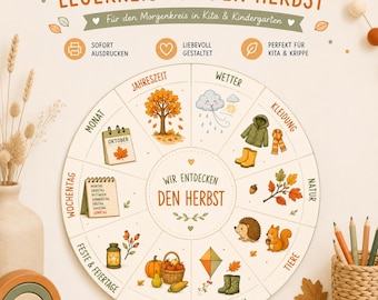 May include: A circular educational chart titled LEGEKREIS FÜR DEN HERBST featuring sections for weather, clothing, nature, animals, activities, harvest, holidays, and time. The center reads WIR ENTDECKEN DEN HERBST with illustrations of autumn leaves, a hedgehog, a squirrel, a kite, and a pumpkin basket.