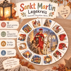 Op de afbeelding: Een cirkelvormig educatief bord getiteld Sankt Martin Legekreis met twaalf geïllustreerde segmenten over Sint Maarten, inclusief een centrale afbeelding van een figuur op een wit paard die een rode mantel deelt met een behoeftige.