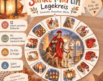 May include: A circular educational board titled Sankt Martin Legekreis featuring twelve illustrated segments depicting scenes of Saint Martin, including a central image of a figure on a white horse sharing a red cloak with a person in need.