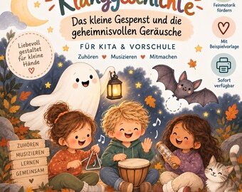May include: A children's educational book cover titled Klanggeschichte: Das kleine Gespenst und die geheimnisvollen Geräusche. It features a ghost with a lantern, a bat, three children playing musical instruments, and a cat amidst autumn leaves.