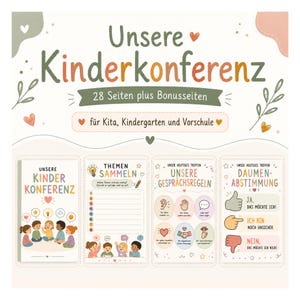 Puede incluir: Un folleto educativo impreso titulado Unsere Kinderkonferenz con 28 páginas más páginas adicionales para preescolar y jardín de infancia. La portada y las páginas interiores presentan ilustraciones coloridas, texto e iconos.