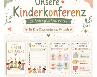 May include: A printed educational booklet titled Unsere Kinderkonferenz with 28 pages plus bonus pages for preschool and kindergarten. The cover and interior pages feature colorful illustrations, text, and icons for group discussions, rules, and voting.