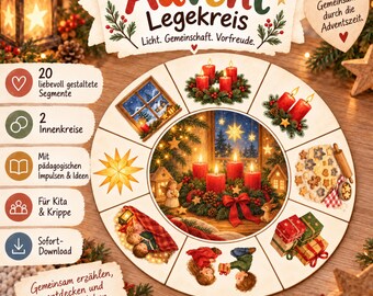 May include: A circular wooden Advent activity board featuring the text Advent Legekreis, Licht. Gemeinschaft. Vorfreude. The board is divided into segments displaying illustrations of candles, holiday gifts, cookies, and children, with a central image of four red candles.