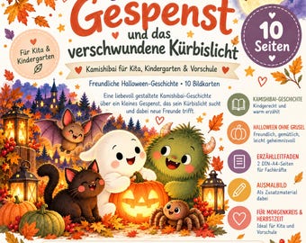 May include: A Kamishibai story set titled Das kleine Gespenst und das verschwundene Kürbislicht featuring a white ghost, a green monster, a black cat, and a spider with pumpkins and autumn leaves. Includes 10 illustrated cards, a guide, and a coloring page.