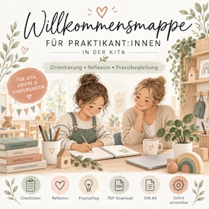 Peut inclure: Un dossier d'accueil numérique pour stagiaires en crèche intitulé Willkommensmappe für Praktikant:innen in der Kita. Le design présente deux personnages illustrés, une pile de livres étiquetés Pädagogik, Kinder, Beobachtung, Zusammenarbeit, et des icônes pour listes de contrôle, réflexion et téléchargements PDF.