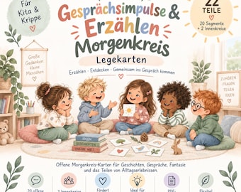 May include: A set of educational cards titled Gesprächsimpulse & Erzählen Morgenkreis Legekarten featuring 22 pieces, including 20 segments and 2 inner circles. The illustration shows five children sitting in a circle on a rug, engaging with cards depicting a sun, tree, bird, heart, and leaf, surrounded by text and icons.