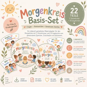 Può includere: Un set di attività per il cerchio del mattino da 22 pezzi che include due tavole circolari e venti carte illustrate con grafiche dai toni pastello raffiguranti bambini, arcobaleni e soli. Il testo include Morgenkreis Basis-Set, Unser Morgenkreis, Guten Morgen e varie domande in tedesco.