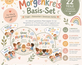 May include: A 22-piece morning circle activity set featuring two circular boards and twenty illustrated cards with pastel-colored graphics of children, rainbows, and suns. The text includes Morgenkreis Basis-Set, Unser Morgenkreis, Guten Morgen, and various questions in German, designed for classroom group discussions.